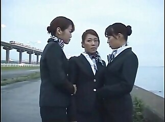 3 Japanese Lesbian Airline Stewardess Girls Kissing!