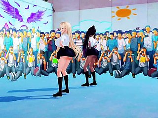 2 명의 거대한 가슴 여학생 댄스 + 점진적인 탈의 (3D HENTAI)